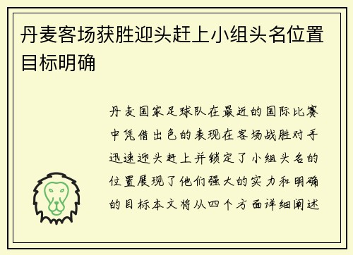 丹麦客场获胜迎头赶上小组头名位置目标明确