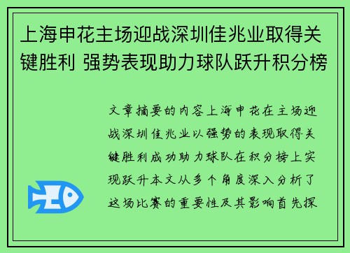 上海申花主场迎战深圳佳兆业取得关键胜利 强势表现助力球队跃升积分榜