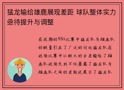 猛龙输给雄鹿展现差距 球队整体实力亟待提升与调整