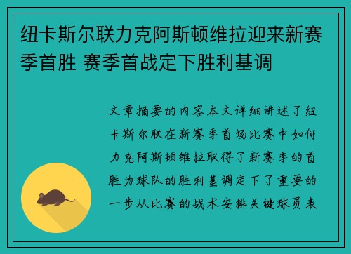纽卡斯尔联力克阿斯顿维拉迎来新赛季首胜 赛季首战定下胜利基调