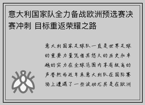 意大利国家队全力备战欧洲预选赛决赛冲刺 目标重返荣耀之路